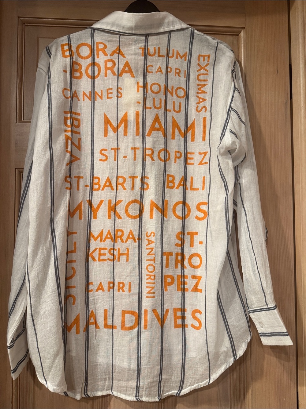 NWT - Elan White Striped Button-Down Shirt with Orange Travel Print
